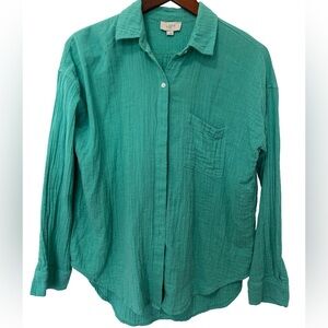 LOFT Outlet Women’s Small Teal Cotton Button Front Long Sleeve Top